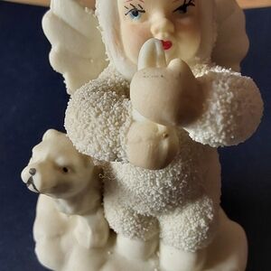 Vintage Angel Figurine with Teddy Bear - Snow Textured White Angel - Mid Century
